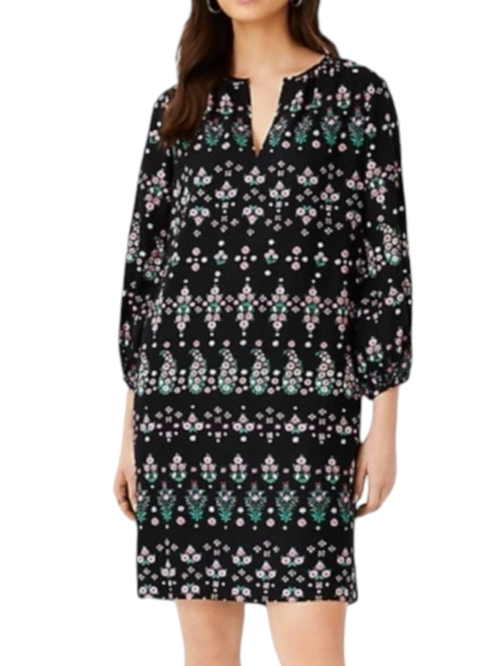 ANN TAYLOR Tall Floral Stripe Split Neck Shirt Linen Blend Dress Size Small